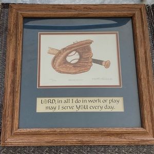 Framed w/glass Baseball glove, ball & bat picture.